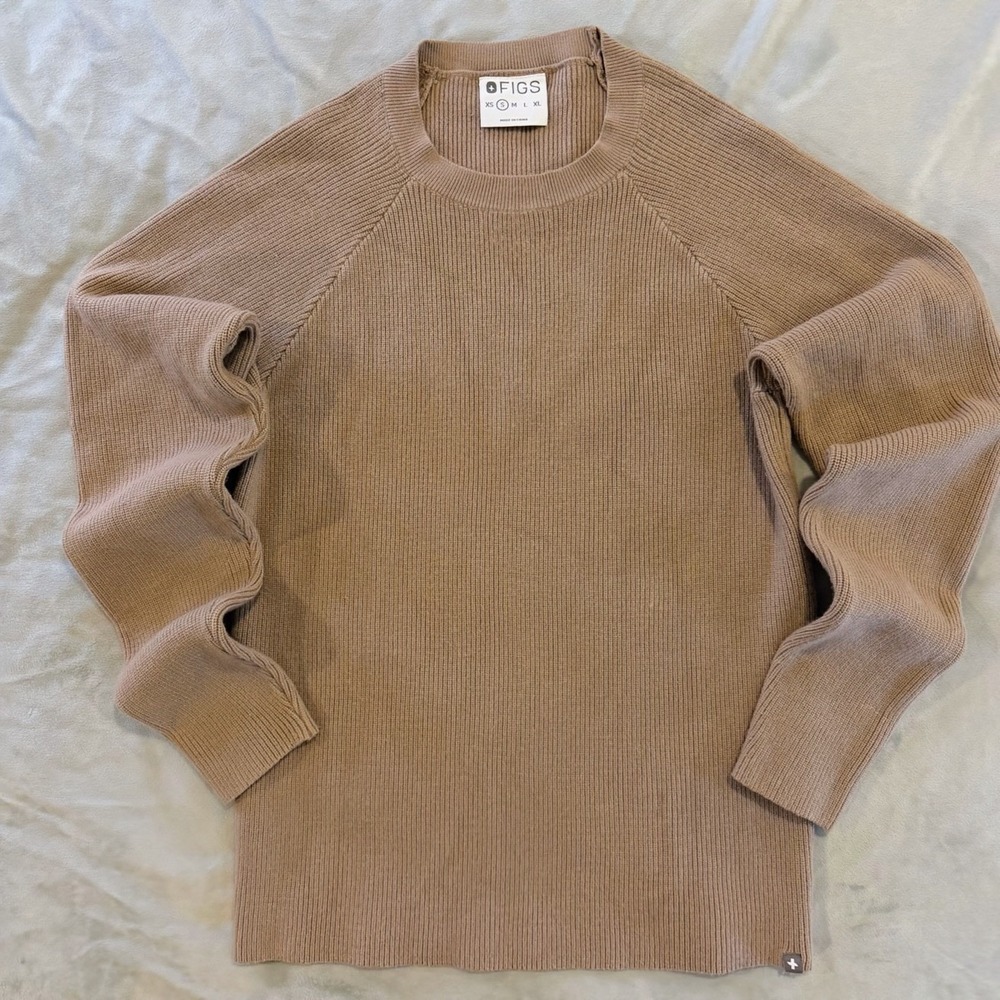 FIGS Sweater Mens Small Tan Ribbed Crewneck Knit Pullover Modern Loungewear